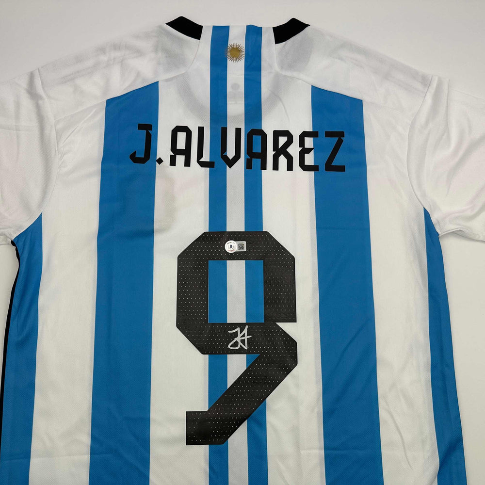Autographed/Signed Julian Alvarez Argentina Blue/White Soccer World Cup Jersey Beckett BAS COA (ONLINE ORDER ONLY)