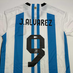 Autographed/Signed Julian Alvarez Argentina Blue/White Soccer World Cup Jersey Beckett BAS COA (ONLINE ORDER ONLY)