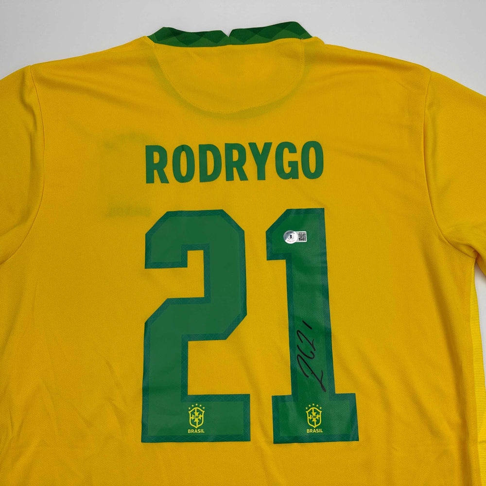 Autographed/Signed Rodrygo Silva de Goes Brazil Yellow Soccer World Cup Jersey Beckett BAS COA (ONLINE ORDER ONLY)