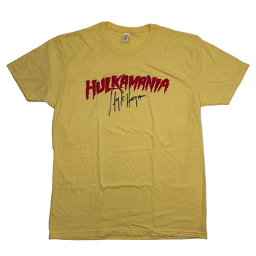 Autographed/Signed Hulk Hogan Hulkamania Yellow WWE Wrestling Shirt T-Shirt Beckett BAS COA (ONLINE ORDER ONLY)