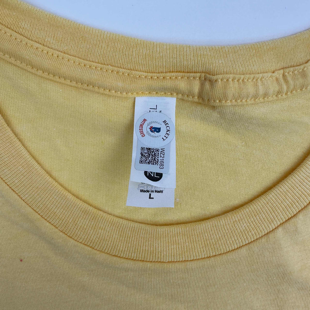 Autographed/Signed Hulk Hogan Hulkamania Yellow WWE Wrestling Shirt T-Shirt Beckett BAS COA (ONLINE ORDER ONLY)