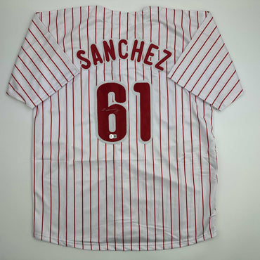 Autographed/Signed Cristopher Sanchez Philadelphia Pinstripe Baseball Jersey Beckett BAS COA (ONLINE ORDER ONLY)