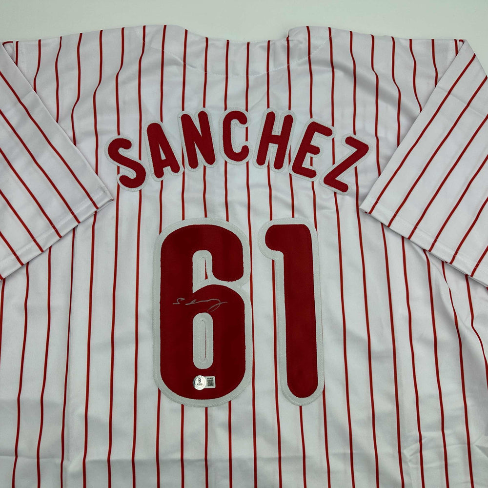 Autographed/Signed Cristopher Sanchez Philadelphia Pinstripe Baseball Jersey Beckett BAS COA (ONLINE ORDER ONLY)