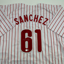 Autographed/Signed Cristopher Sanchez Philadelphia Pinstripe Baseball Jersey Beckett BAS COA (ONLINE ORDER ONLY)
