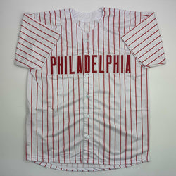 Autographed/Signed Cristopher Sanchez Philadelphia Pinstripe Baseball Jersey Beckett BAS COA (ONLINE ORDER ONLY)