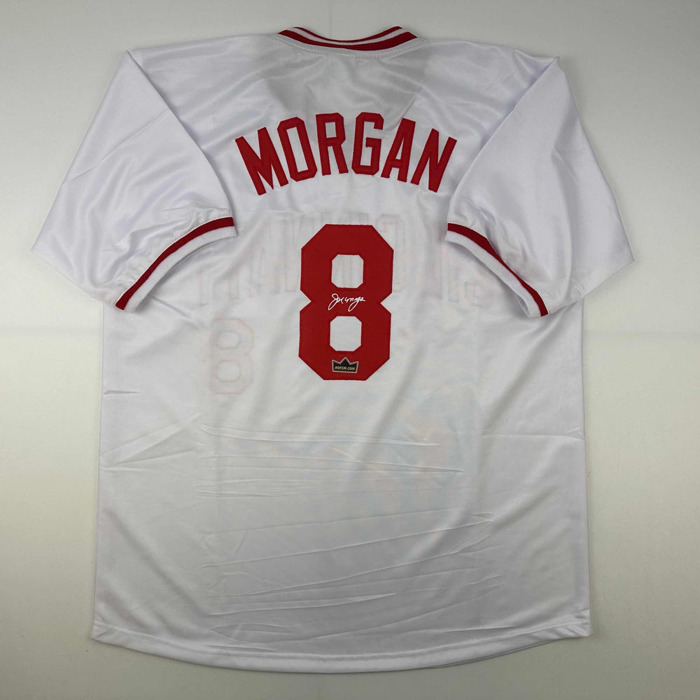Facsimile Autographed Joe Morgan Cincinnati White Reprint Laser Auto Baseball Jersey Size Men's XL (ONLINE ORDER ONLY)