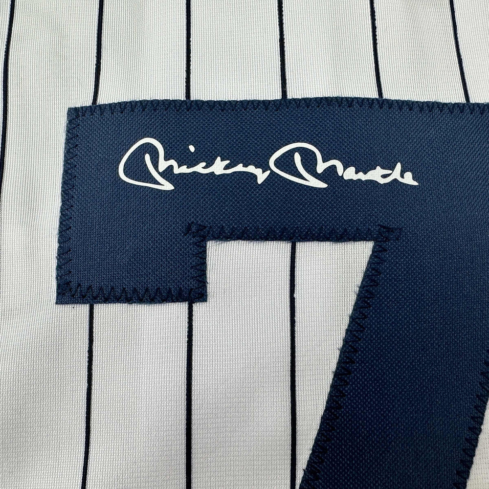 Facsimile Autographed Mickey Mantle New York Pinstripe Reprint Laser Auto Baseball Jersey Size Men's XL (ONLINE ORDER ONLY)