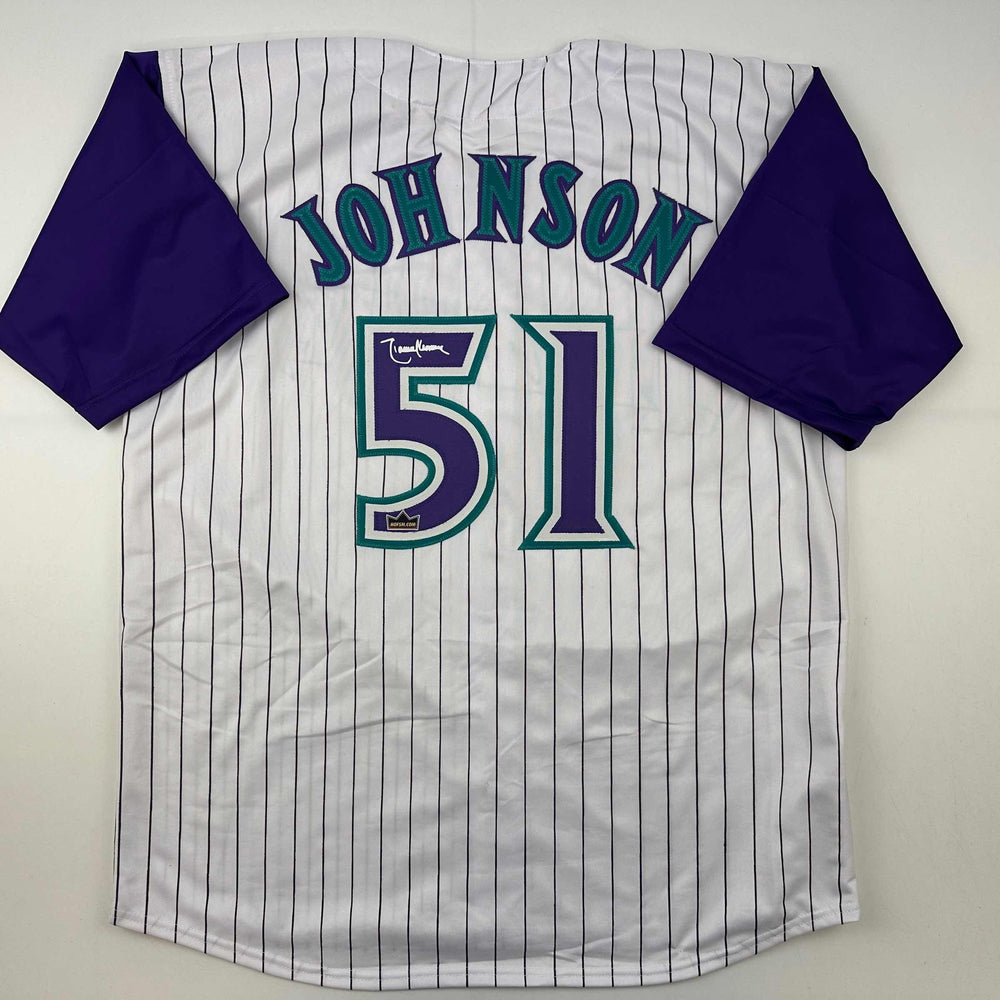 Facsimile Autographed Randy Johnson Arizona Pinstripe Reprint Laser Auto Baseball Jersey Size Men's XL (ONLINE ORDER ONLY)