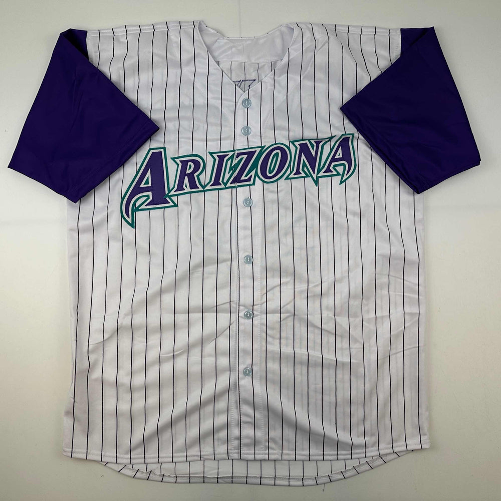 Facsimile Autographed Randy Johnson Arizona Pinstripe Reprint Laser Auto Baseball Jersey Size Men's XL (ONLINE ORDER ONLY)