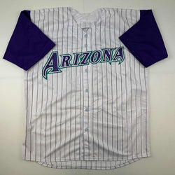 Facsimile Autographed Randy Johnson Arizona Pinstripe Reprint Laser Auto Baseball Jersey Size Men's XL (ONLINE ORDER ONLY)