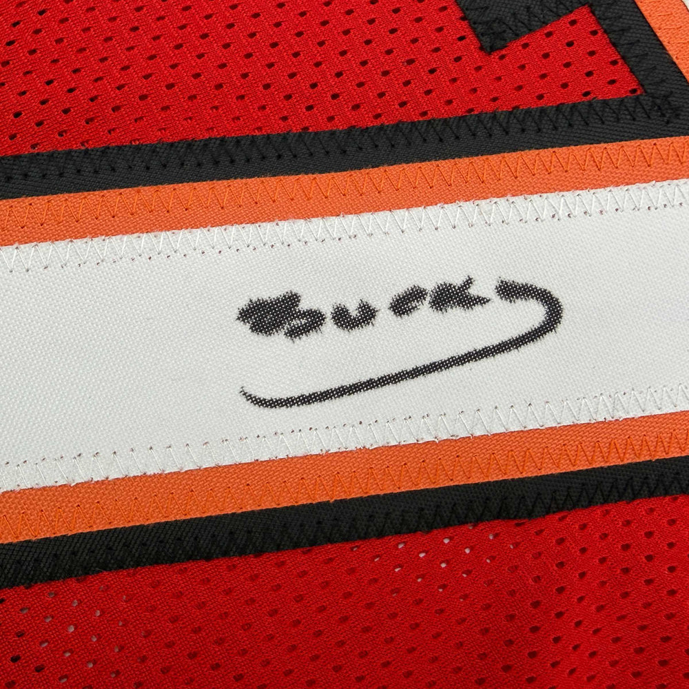 Autographed/Signed Bucky Irving Tampa Bay Red Football Jersey Beckett BAS COA (ONLINE ORDER ONLY)