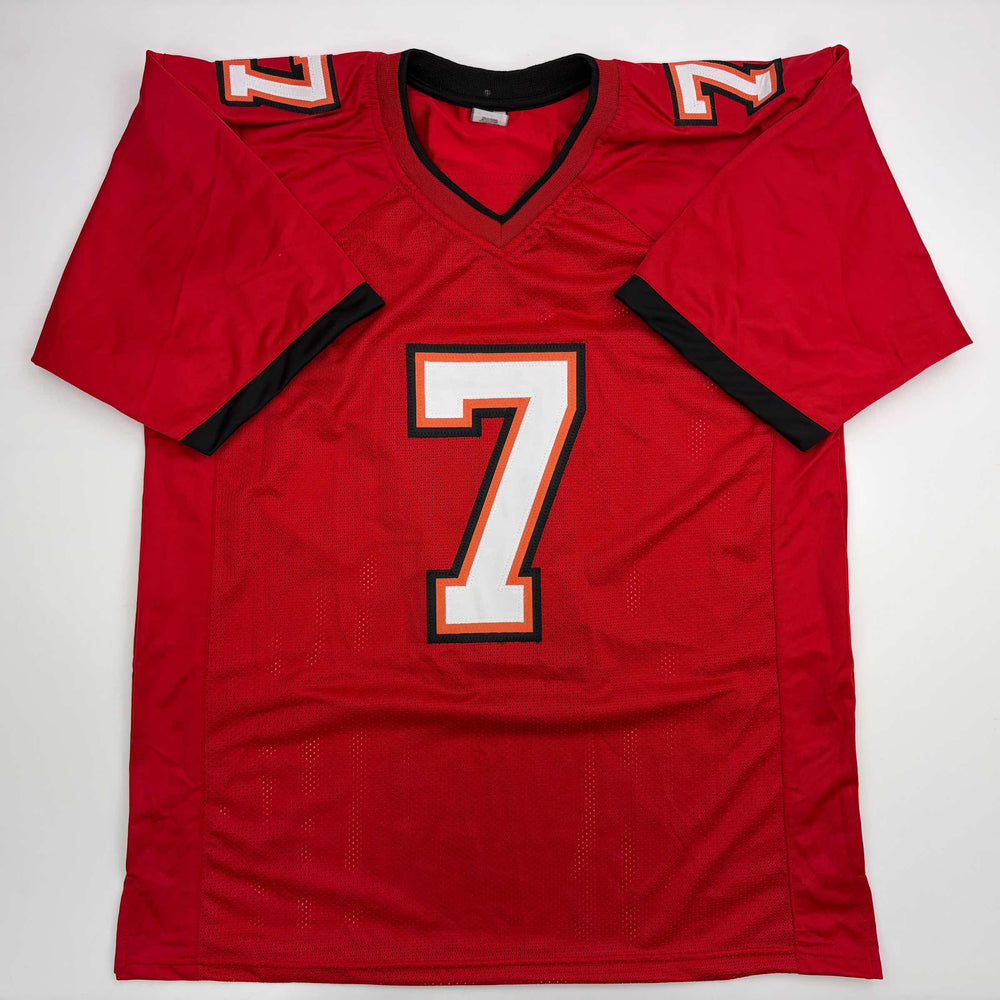 Autographed/Signed Bucky Irving Tampa Bay Red Football Jersey Beckett BAS COA (ONLINE ORDER ONLY)
