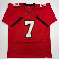 Autographed/Signed Bucky Irving Tampa Bay Red Football Jersey Beckett BAS COA (ONLINE ORDER ONLY)