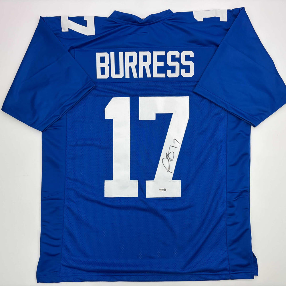 Autographed/Signed Plaxico Burress New York Blue Football Jersey JSA COA (ONLINE ORDER ONLY)