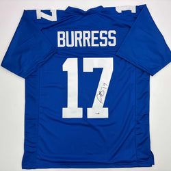 Autographed/Signed Plaxico Burress New York Blue Football Jersey JSA COA (ONLINE ORDER ONLY)
