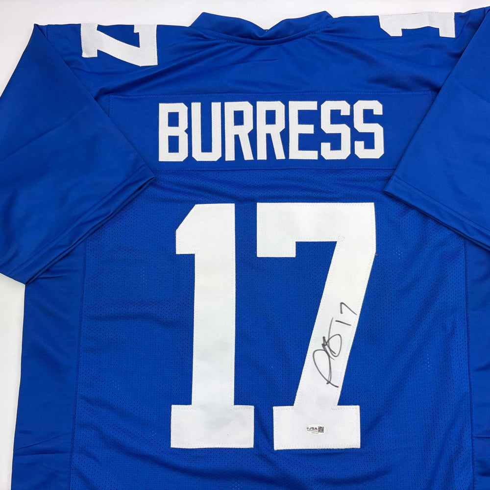 Autographed/Signed Plaxico Burress New York Blue Football Jersey JSA COA (ONLINE ORDER ONLY)