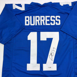 Autographed/Signed Plaxico Burress New York Blue Football Jersey JSA COA (ONLINE ORDER ONLY)
