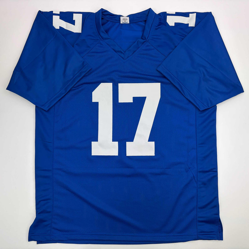Autographed/Signed Plaxico Burress New York Blue Football Jersey JSA COA (ONLINE ORDER ONLY)