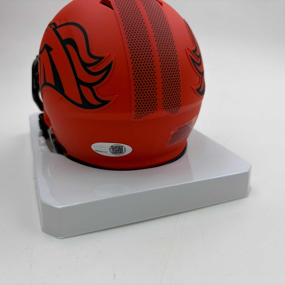 Autographed/Signed RJ R.J. Harvey Denver Broncos Speed Rave Collection Mini Football Helmet JSA COA (ONLINE ORDER ONLY)