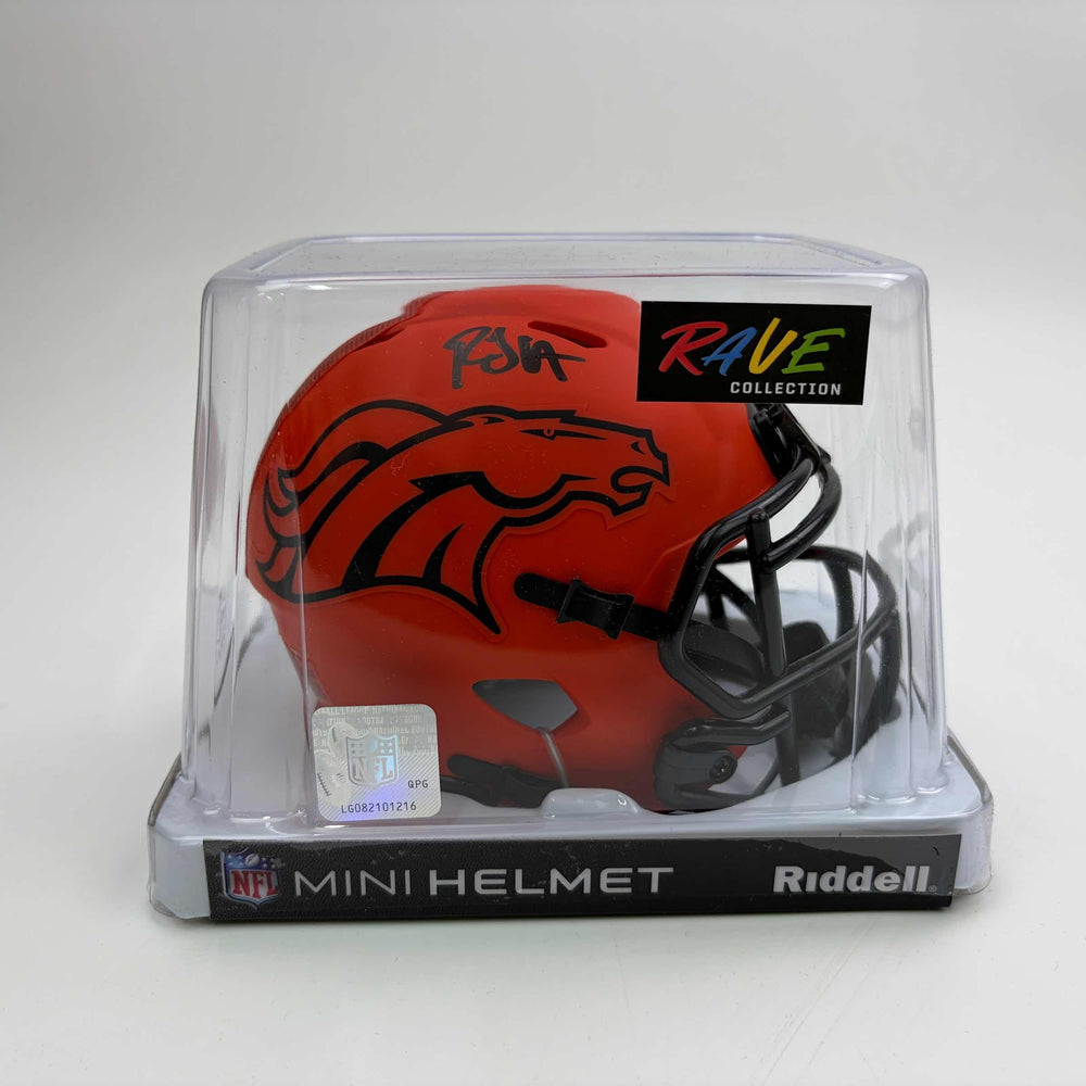 Autographed/Signed RJ R.J. Harvey Denver Broncos Speed Rave Collection Mini Football Helmet JSA COA (ONLINE ORDER ONLY)