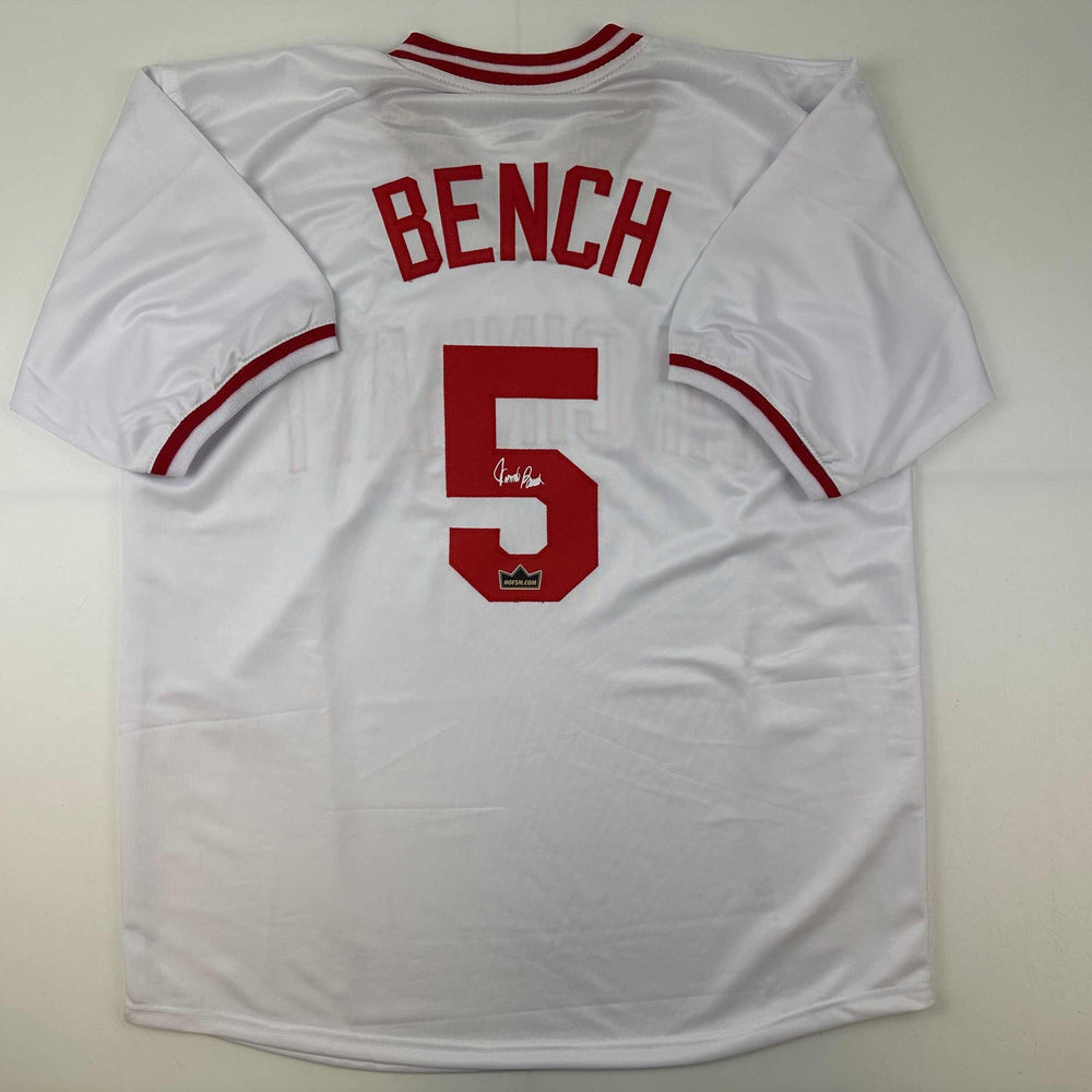 Facsimile Autographed Johnny Bench Cincinnati White Reprint Laser Auto Baseball Jersey Size Men's XL (ONLINE ORDER ONLY)