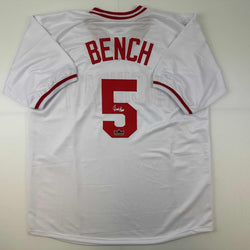 Facsimile Autographed Johnny Bench Cincinnati White Reprint Laser Auto Baseball Jersey Size Men's XL (ONLINE ORDER ONLY)