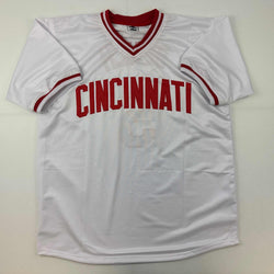 Facsimile Autographed Johnny Bench Cincinnati White Reprint Laser Auto Baseball Jersey Size Men's XL (ONLINE ORDER ONLY)