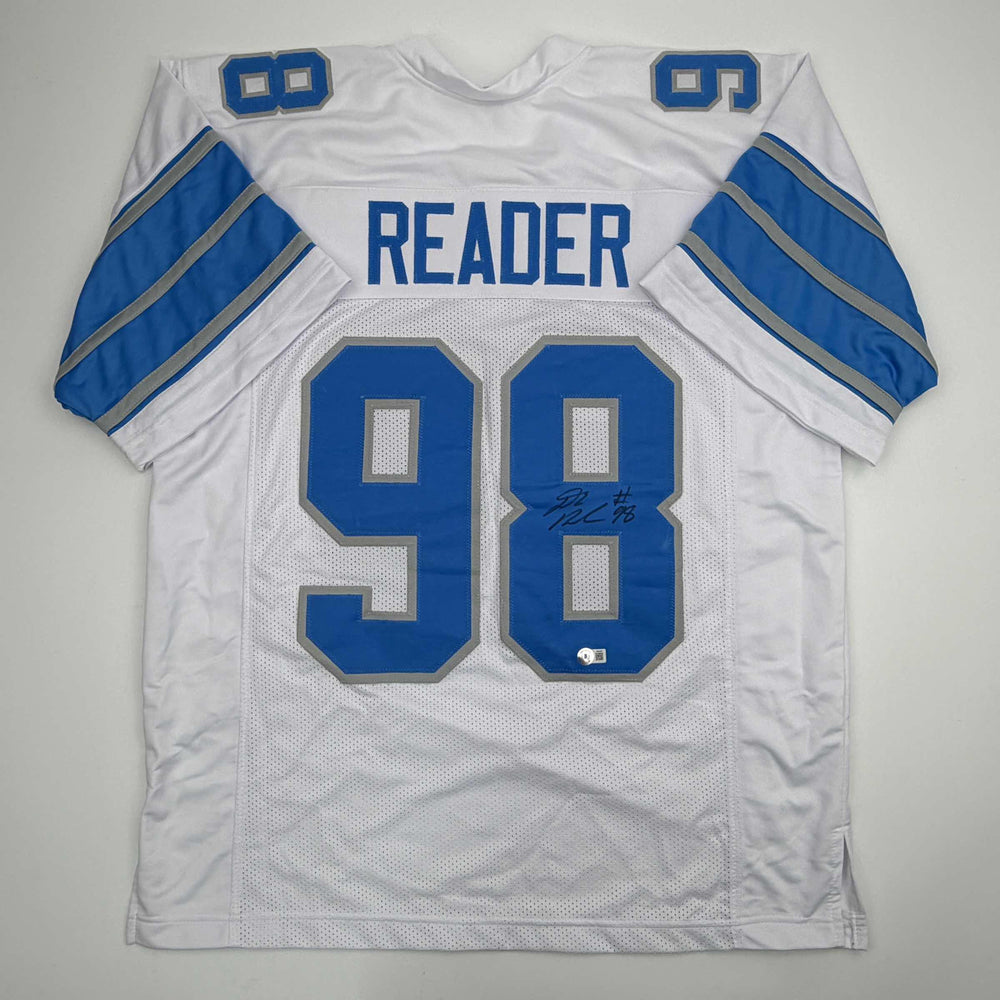 Autographed/Signed D.J. DJ Reader Detroit White Football Jersey Beckett BAS COA (ONLINE ORDER ONLY)
