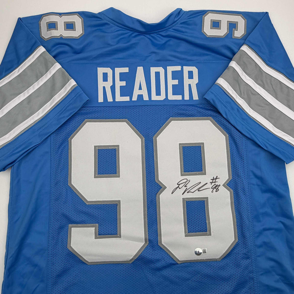 Autographed/Signed D.J. DJ Reader Detroit Blue Football Jersey Beckett BAS COA (ONLINE ORDER ONLY)