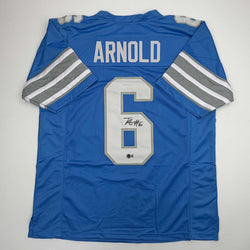 Autographed/Signed Terrion Arnold Detroit Blue Football Jersey Beckett BAS COA (ONLINE ORDER ONLY)