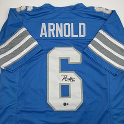 Autographed/Signed Terrion Arnold Detroit Blue Football Jersey Beckett BAS COA (ONLINE ORDER ONLY)