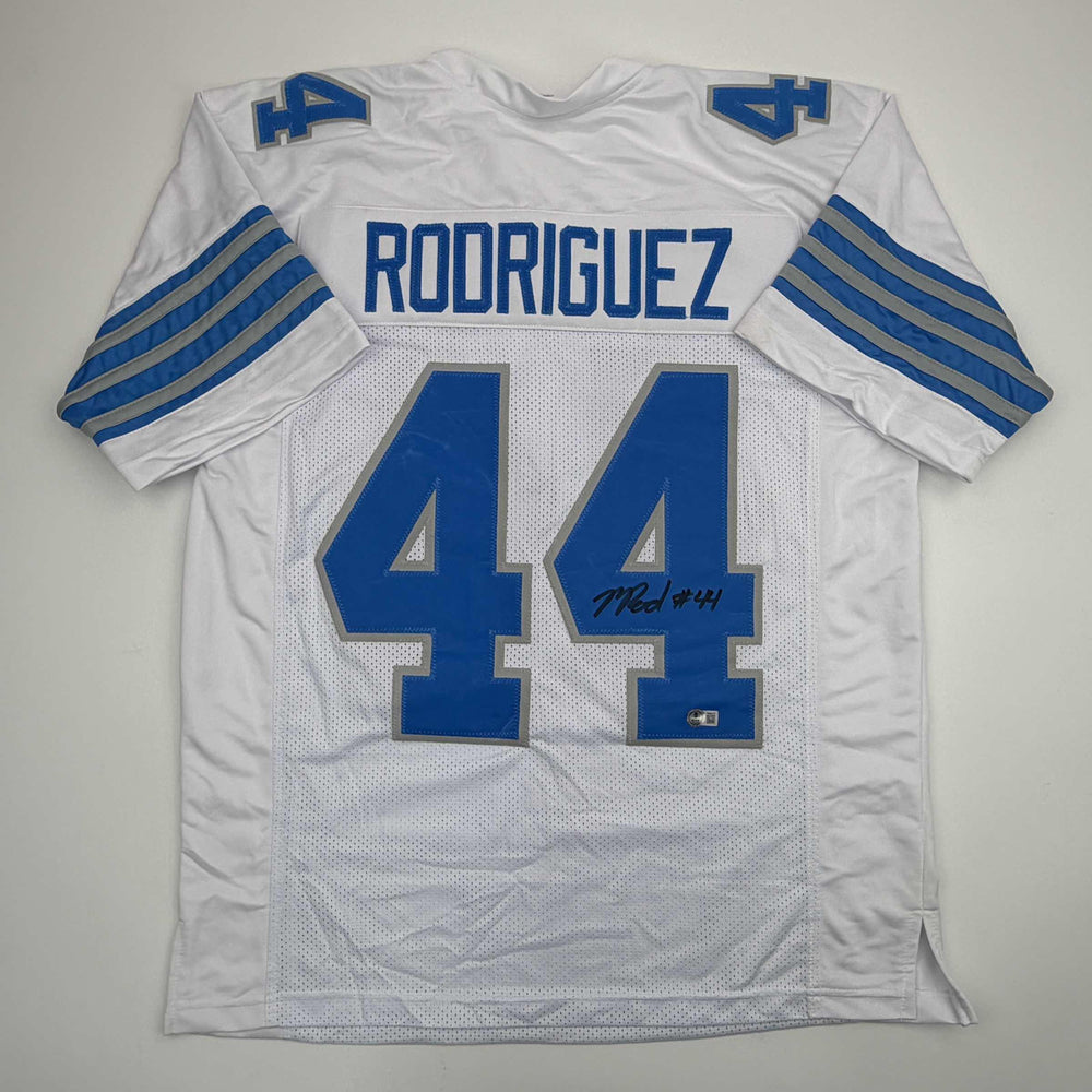 Autographed/Signed Malcolm Rodriguez Detroit White Football Jersey Beckett BAS COA (ONLINE ORDER ONLY)