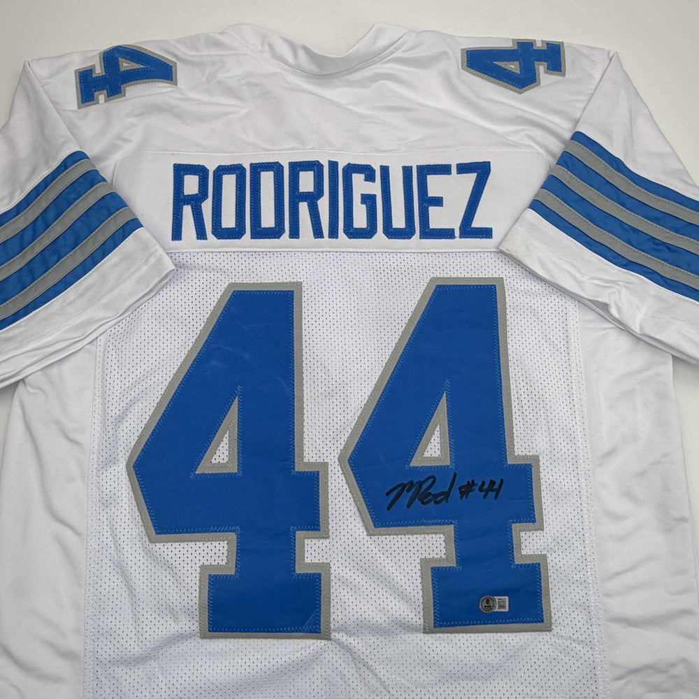 Autographed/Signed Malcolm Rodriguez Detroit White Football Jersey Beckett BAS COA (ONLINE ORDER ONLY)