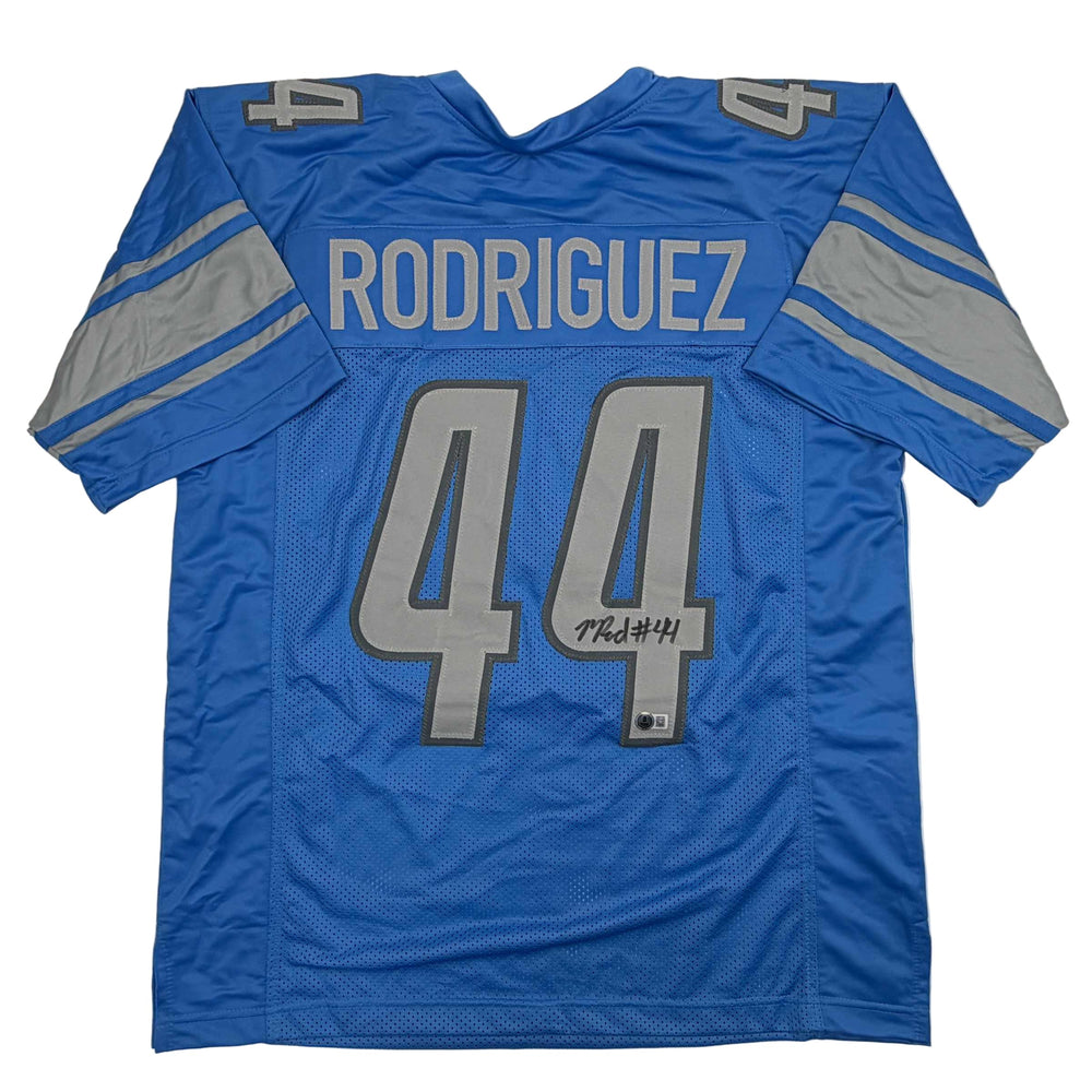 Autographed/Signed Malcolm Rodriguez Detroit Blue Football Jersey Beckett BAS COA (ONLINE ORDER ONLY)