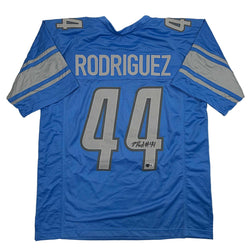 Autographed/Signed Malcolm Rodriguez Detroit Blue Football Jersey Beckett BAS COA (ONLINE ORDER ONLY)