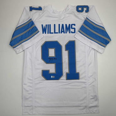 Autographed/Signed Tyleik Williams Detroit White Football Jersey Beckett BAS COA (ONLINE ORDER ONLY)