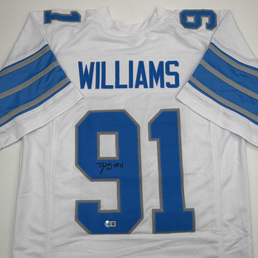 Autographed/Signed Tyleik Williams Detroit White Football Jersey Beckett BAS COA (ONLINE ORDER ONLY)