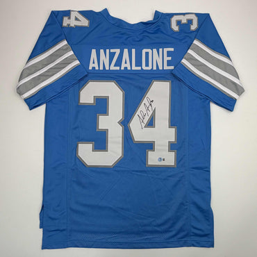 Autographed/Signed Alex Anzalone Detroit Blue Football Jersey Beckett BAS COA (ONLINE ORDER ONLY)