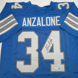 Autographed/Signed Alex Anzalone Detroit Blue Football Jersey Beckett BAS COA (ONLINE ORDER ONLY)