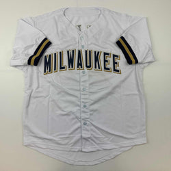 Facsimile Autographed Christian Yelich Milwaukee White Reprint Laser Auto Baseball Jersey Size Men's XL (ONLINE ORDER ONLY)