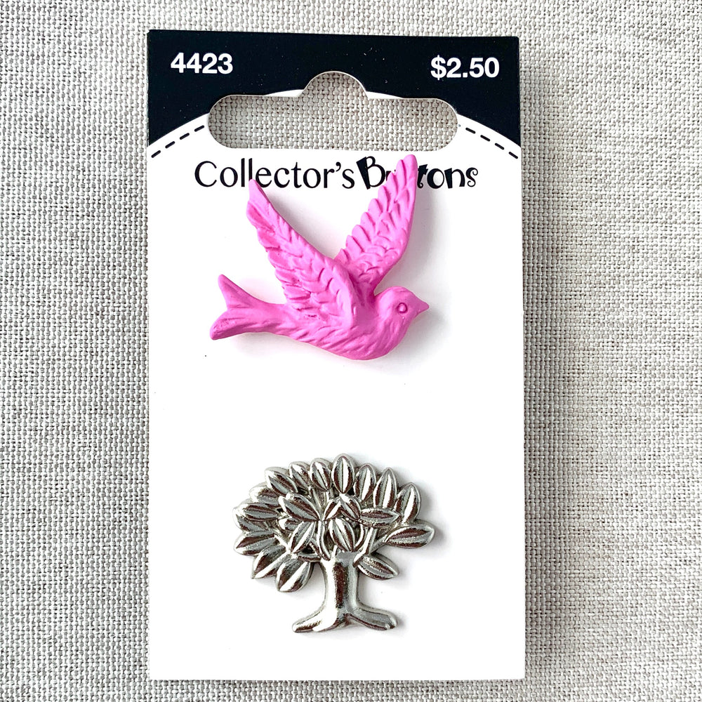 4423 Bird and Tree - Collectors Buttons - 1 Hole Shank Buttons - 25mm 32mm - Pink Silver (ONLINE ORDER ONLY)