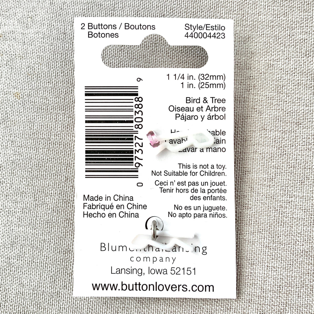 4423 Bird and Tree - Collectors Buttons - 1 Hole Shank Buttons - 25mm 32mm - Pink Silver (ONLINE ORDER ONLY)