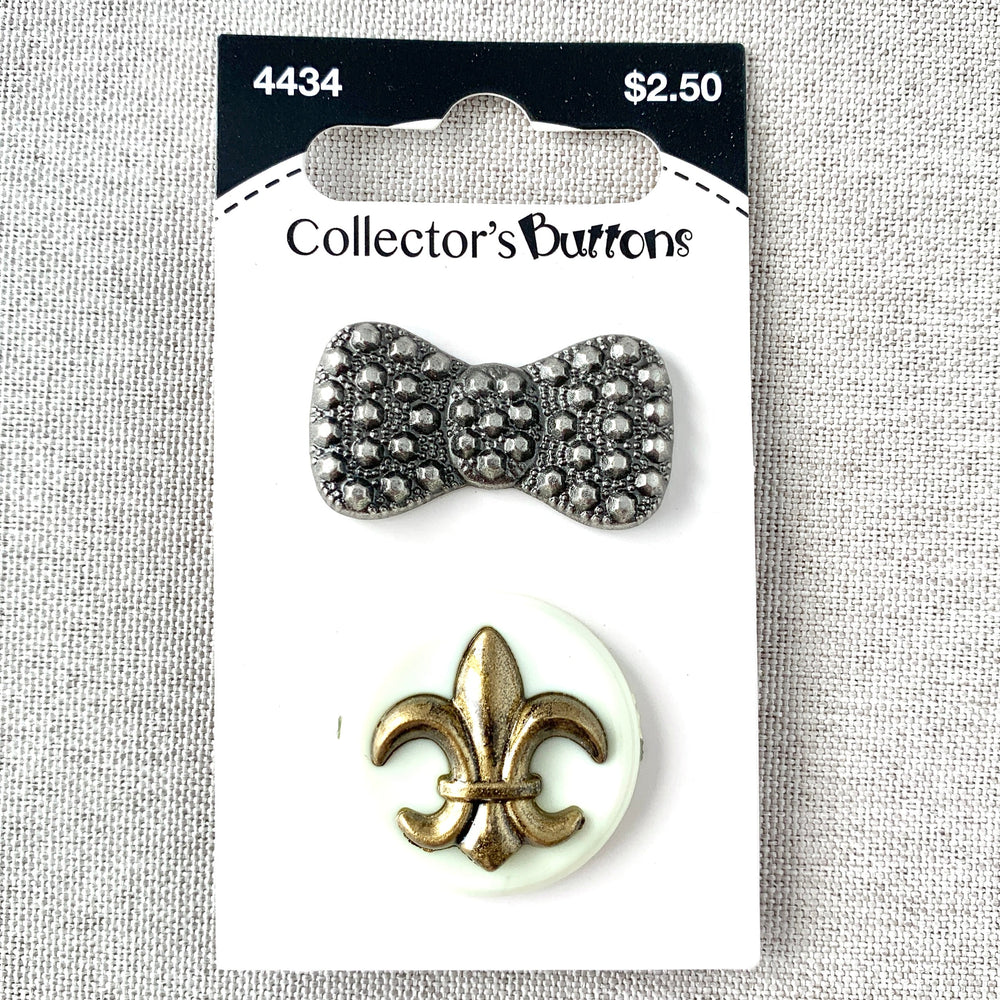 4434 Bow and Fleur de Lis - Collectors Buttons - 1 Hole Shank Buttons - Assorted Sizes - Silver Bronze (ONLINE ORDER ONLY)