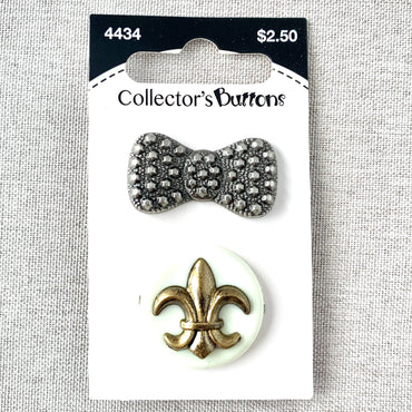 4434 Bow and Fleur de Lis - Collectors Buttons - 1 Hole Shank Buttons - Assorted Sizes - Silver Bronze (ONLINE ORDER ONLY)