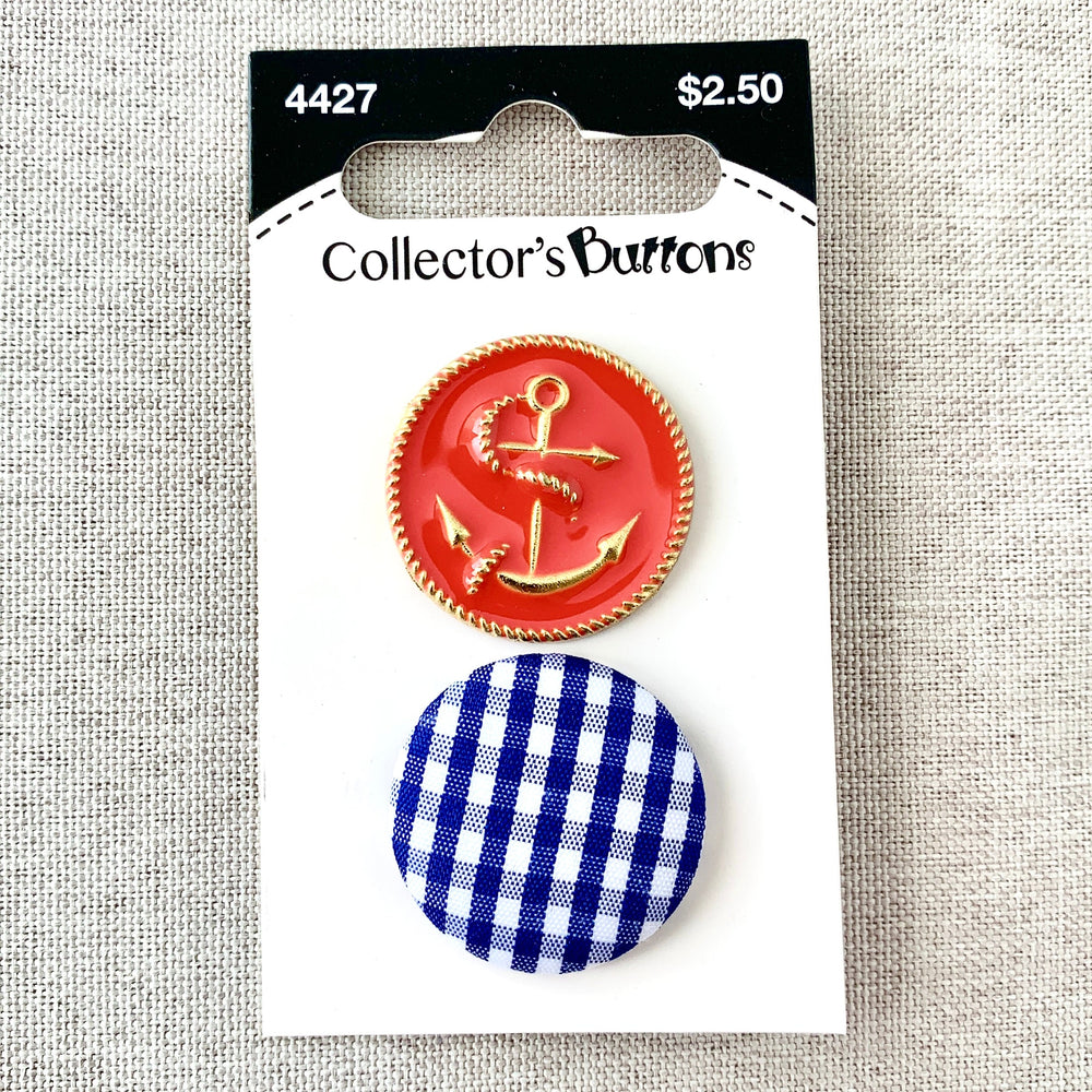 4427 Anchor and Gingham - Collectors Buttons - 1 Hole Shank Buttons - 25mm - Red Blue (ONLINE ORDER ONLY)