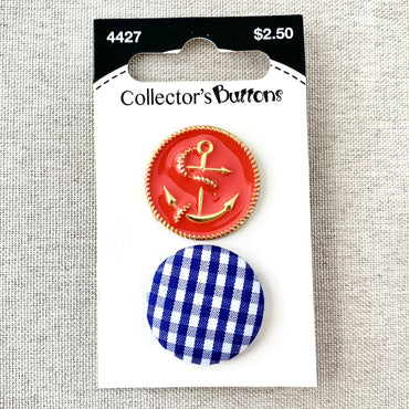 4427 Anchor and Gingham - Collectors Buttons - 1 Hole Shank Buttons - 25mm - Red Blue (ONLINE ORDER ONLY)
