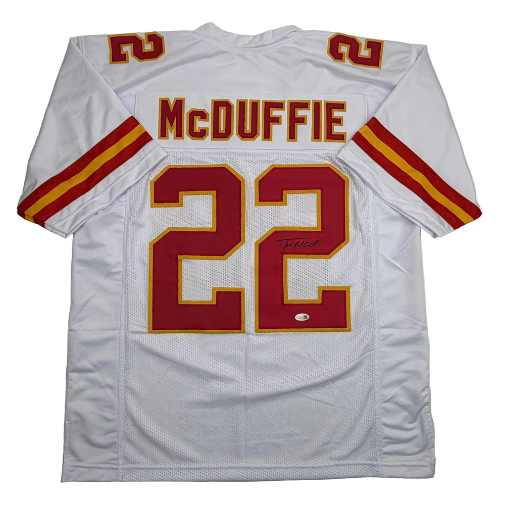Autographed/Signed Trent McDuffie Kansas City White Football Jersey JSA COA (ONLINE ORDER ONLY)