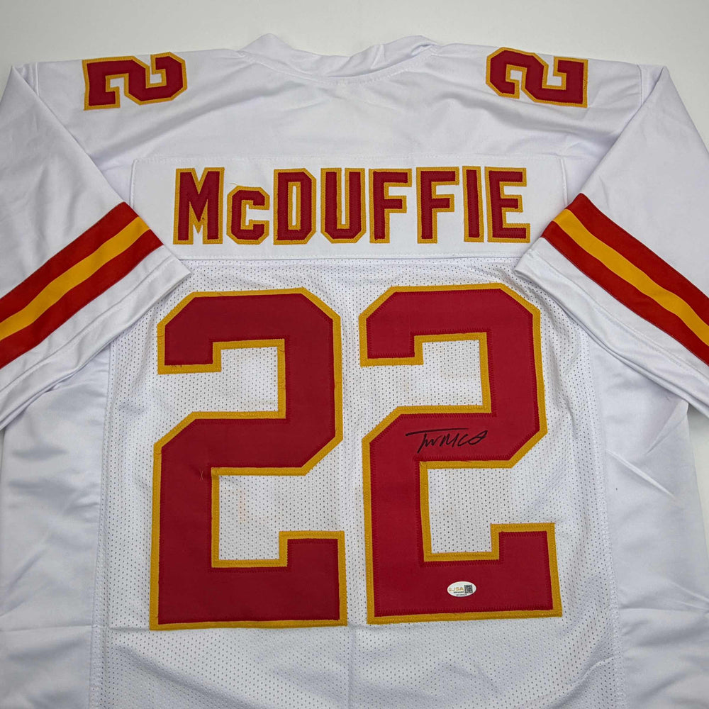 Autographed/Signed Trent McDuffie Kansas City White Football Jersey JSA COA (ONLINE ORDER ONLY)
