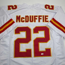 Autographed/Signed Trent McDuffie Kansas City White Football Jersey JSA COA (ONLINE ORDER ONLY)