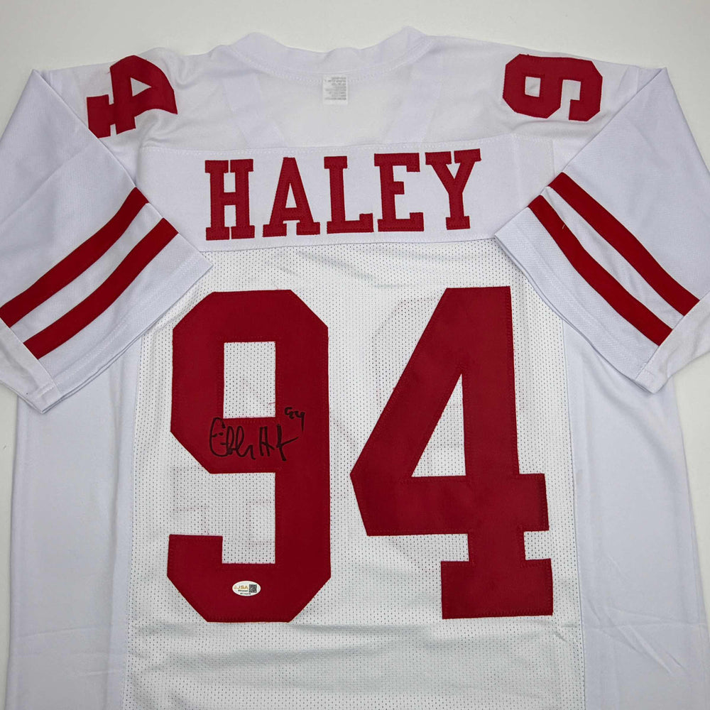 Autographed/Signed Charles Haley San Francisco White Football Jersey JSA COA (ONLINE ORDER ONLY)
